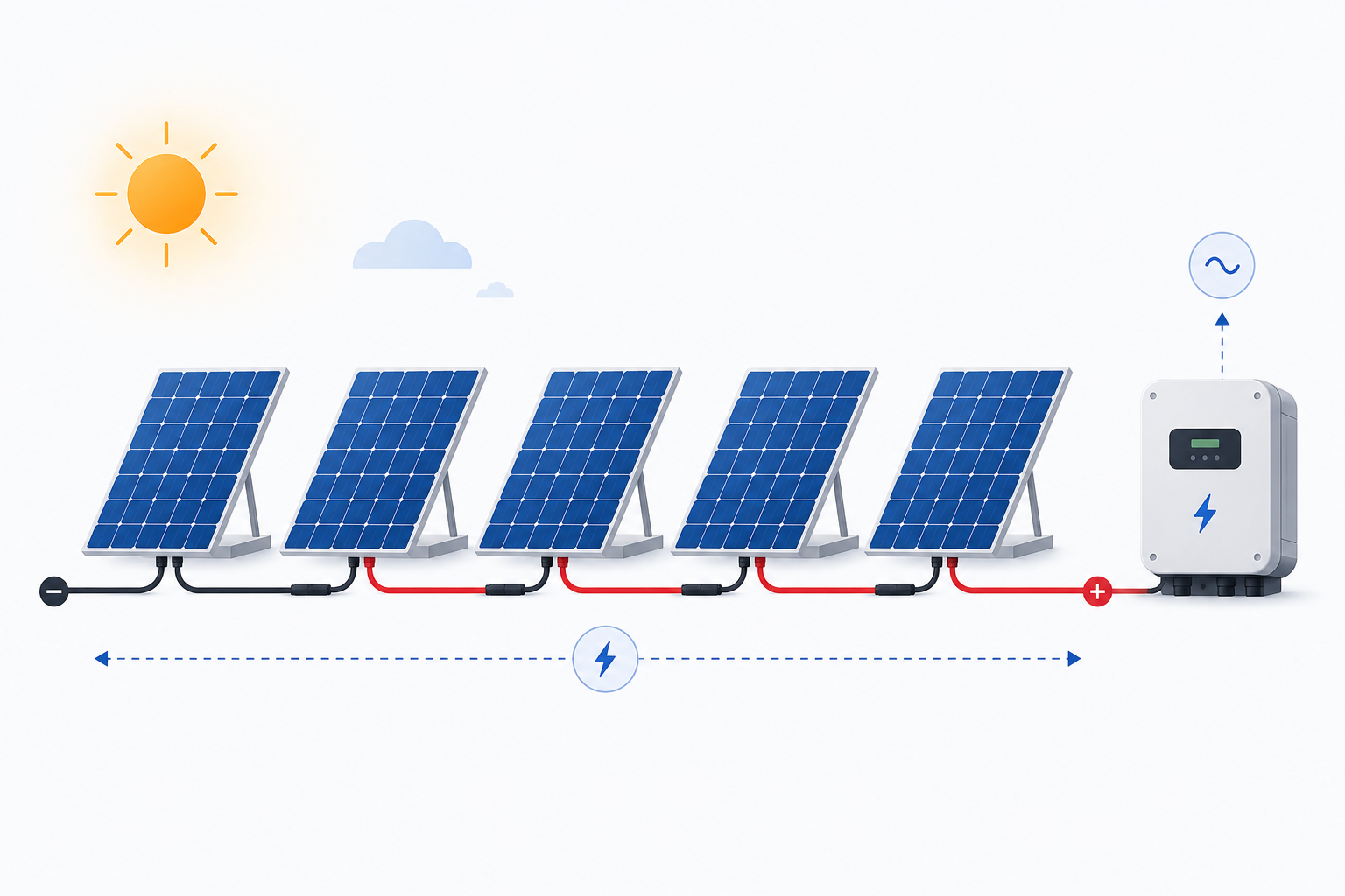 A photovoltaic string consisting of solar modules connected in series to an inverter