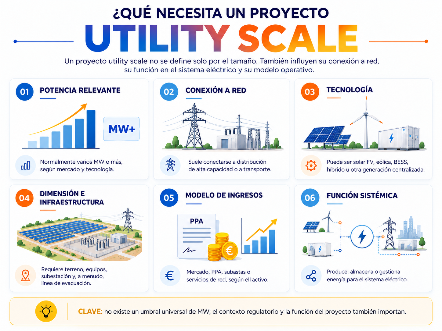 Infografía sobre los requisitos de un proyecto Utility Scale: potencia, conexión a red, tecnología, infraestructura, ingresos y función sistémica