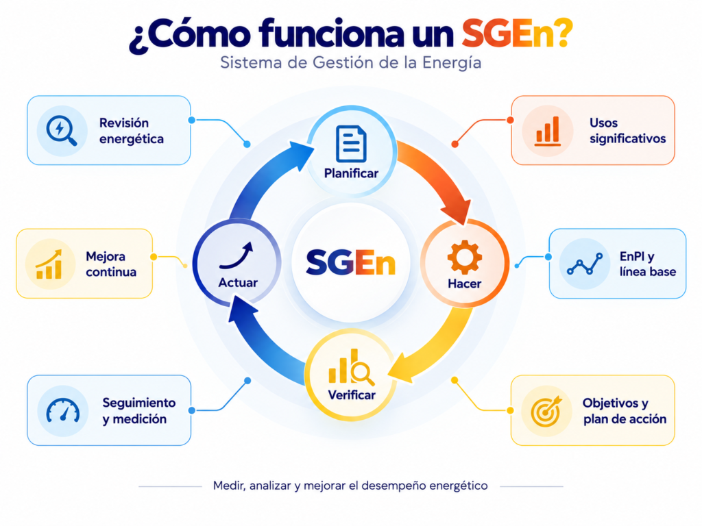 Infografía sobre cómo funciona un SGEn con las fases planificar, hacer, verificar y actuar dentro del ciclo de gestión energética según ISO 50001