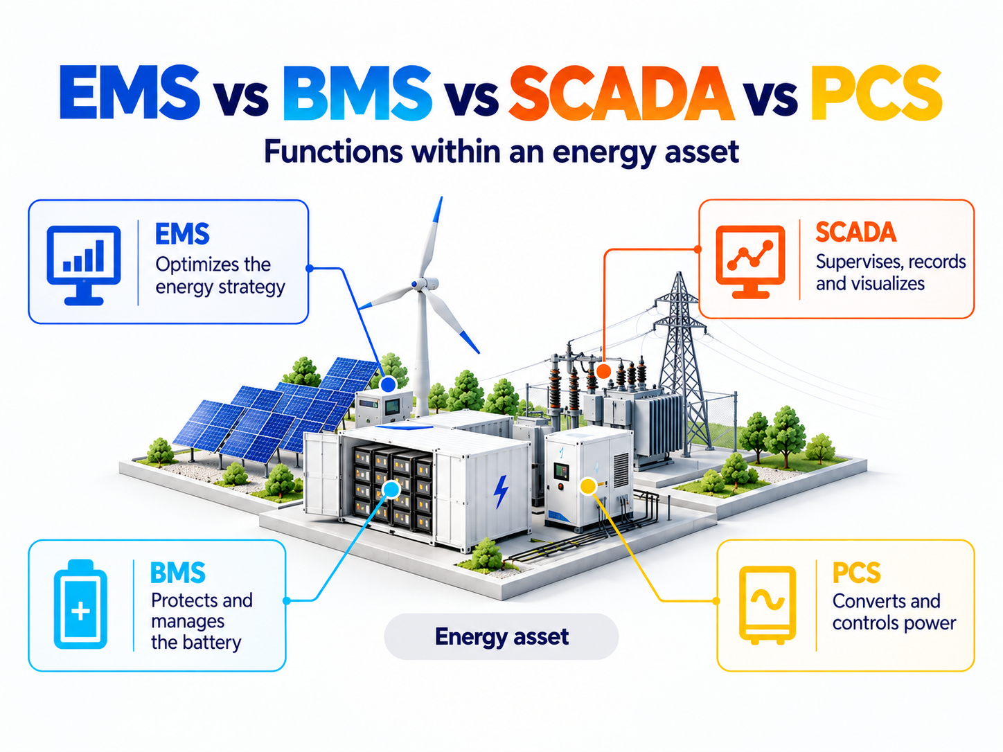 Infografia comparativa EMS vs BMS vs SCADA vs PCS num ativo energético com produção, armazenamento e ligação à rede