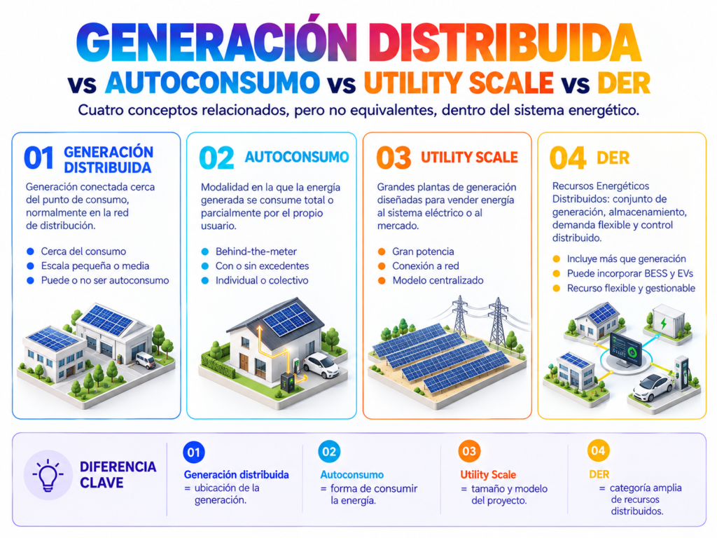 Infografía comparativa sobre generación distribuida, autoconsumo, Utility Scale y DER dentro del sistema energético