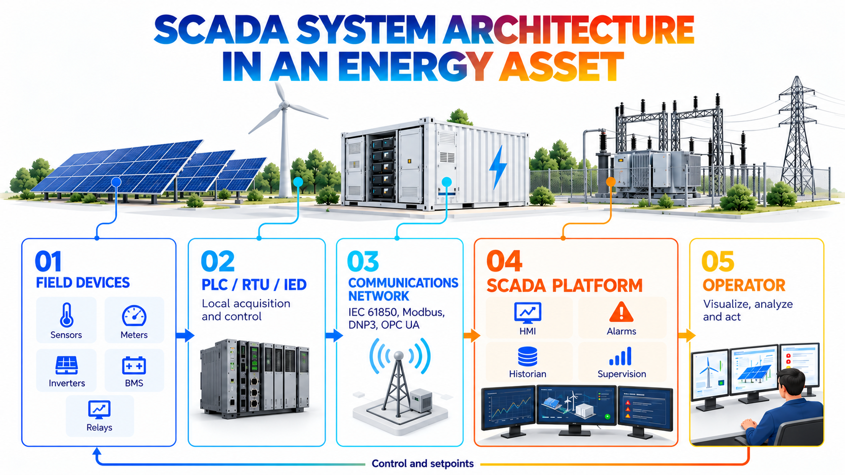 Infografica sull'architettura di un sistema SCADA in un asset energetico, con dispositivi di campo, PLC, RTU, IED, rete di comunicazione, piattaforma SCADA e operatore