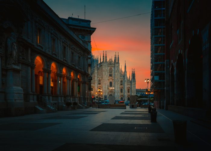Milan, Italy - September 2023: Milan Cathedral Square Milan Cathedral (Duomo di Milano) at sunrise from Merchants Square, no people