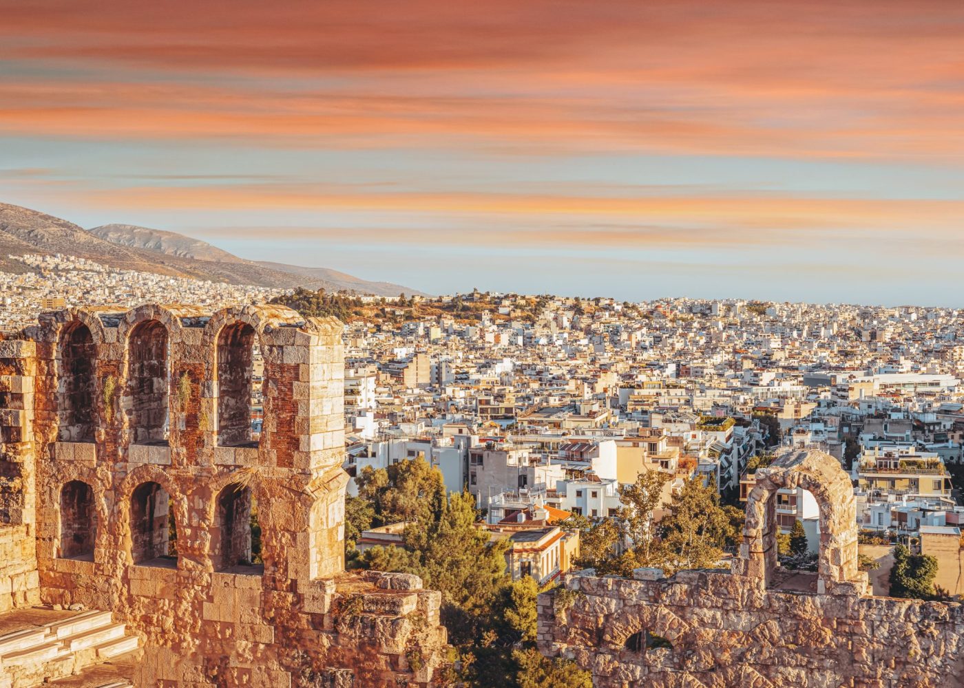 Amazing cityscape panoramic view in mild sunset light. Beautiful Athens city. Travel to Greece. Europe.