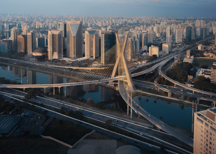 Aerial view of Octavio Frias de Oliveira Bridge (Ponte Estaiada) over Pinheiros River - Sao Paulo, Brazil